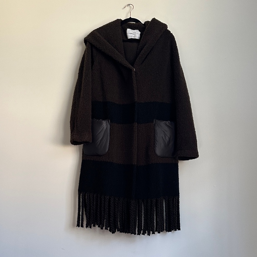 Violanti Italian Brown and Black Hooded Coat with Fringe. Stunning, heavy, soft - Picture 2 of 14